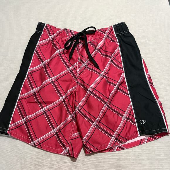 OP Men’s Plaid Swim Trunks Red Black L 36-38 Drawstring Board Shorts Lined - Picture 1 of 6